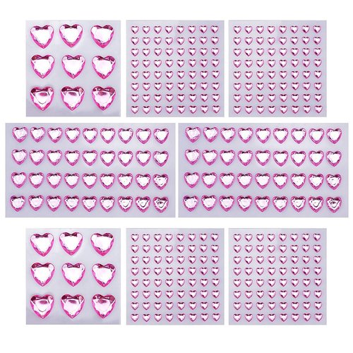 SaktopDeco 8 Sheet Pink Heart Rhinestones Stickers Flat Back Heart Shaped Rhinestone Stickers Self Adhesive for DIY Valentines Day Decor