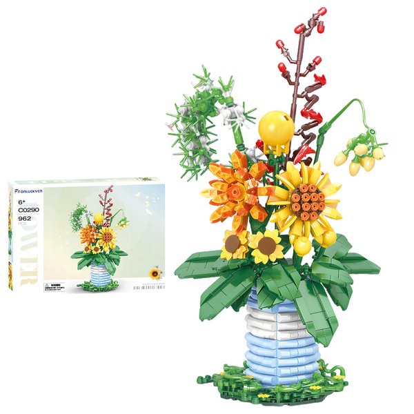 FORLUCKYEN Flower Bouquet Building Sets with Vase, Artificial Flowers Building Kits, Sunflower Building Blocks for Adult Kids 6+, Botanical Collection Gift, Office or Home Plant Decor 962 PCS