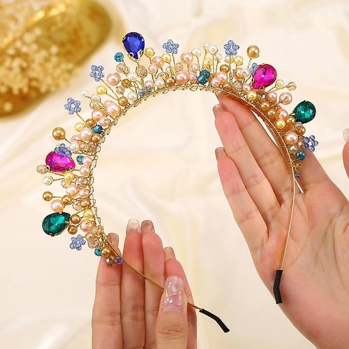 YBSHIN Rhinestone Headband Gold Crystal Hair Band Pearl Hair Hoop Wedding Headpiece Bridal Headwear for Women and Girls