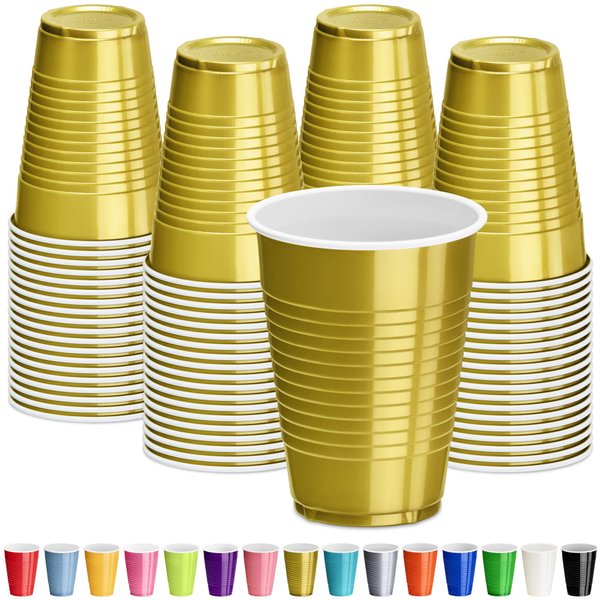 DecorRack Gold Plastic Cups, 12 oz Disposable Cups, Party Supplies (60 Count)