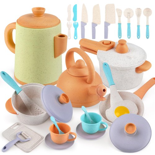 Pretend Play Kitchen Accessories Toys, Pots and Pans Utensils Playset for Kids, Cooking Play Set Gift for Toddlers Boys and Girls 3 4 5 Years Old
