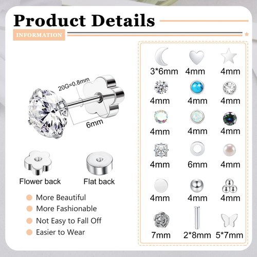 Staligue 18 Pairs Surgical Steel Earrings for Sensitive Ears Opal Pearl CZ Hypoallergenic Flat Back Stud Earrings for Women Men 20G Flower Back Cartilage Earrings Piercing Jewelry (Silver)