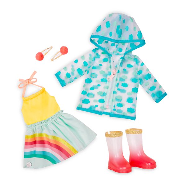 Glitter Girls – 14-inch Doll Clothes - Smile! Rain Or Shine Outfit – Rainbow Dress, Hair Clips, Raincoat, and Rain Boots – Toys, and Accessories for Kids Ages 3 & Up