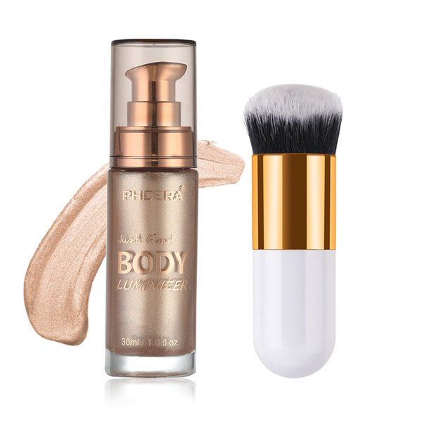 Body Shimmer Oil, Waterproof Long Lasting Moisturizing Bronze Body Luminizer Glow For Face & Body, Liquid Illuminator Body Highlighter 1oz/Jars, Makeup Brush Include (Rose Gold #01)