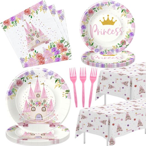 HIPVVILD Princess Birthday Party Supplies Dinnerware - Princess Party Decorations Tableware, Include Plates, Napkins, Forks, Tablecloth, Princess Birthday Baby Shower Party Decorations | Serve 24