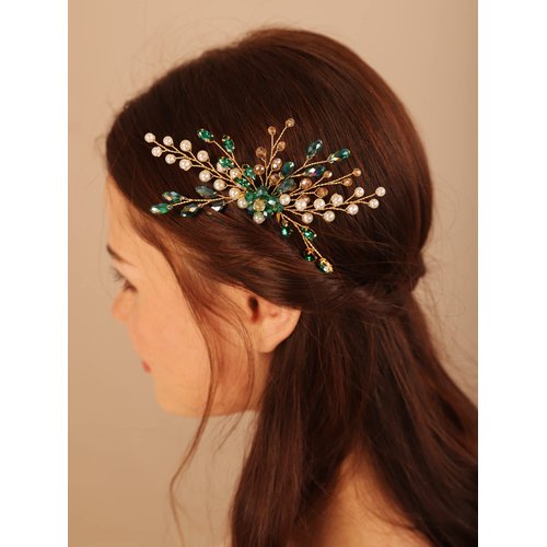 Kercisbeauty Green Crystal Emerald Gold Hair Comb for Wedding Brides Bridesmaid Hair Accessory for Women and Girls Ball Prom Party