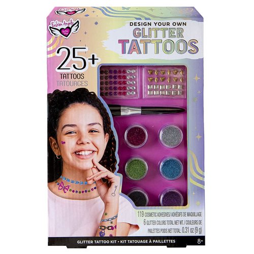 Fashion Angels Design Your Own Glitter Tattoos - 6 Pots of Body Glitter, 1 Soft Makeup Brush, 1 Double-Sided Sticker Sheet, Adhesive Gems and Studs - Easy to Remove - Ages 8 and Up