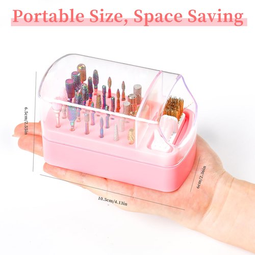 2 in 1 Nail Drill Bits Holder & Nail Drill Bits Cleaning Brush Case,30 Holes Dustproof Nail Art Drill Bits Stand Display Storage Box and Nail Drill Bits Cleaner Manicure Tools (Pink)