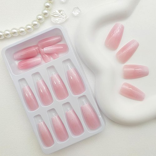 Press on Nails Medium Coffin Fake Nails Pink & White Ombre Acrylic Nails Glossy False Nails with Silver Glitter Designs Cute Nails Translucent Artificial Nails for Women 24Pcs