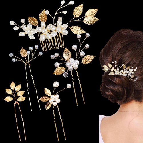 REDANHA 5 Pieces Wedding Hair Pins Gold Leaf Headpiece Crystal Pearl Flower Hair Pins Vintage Hair Accessories for Brides Bridesmaids Women and Girls