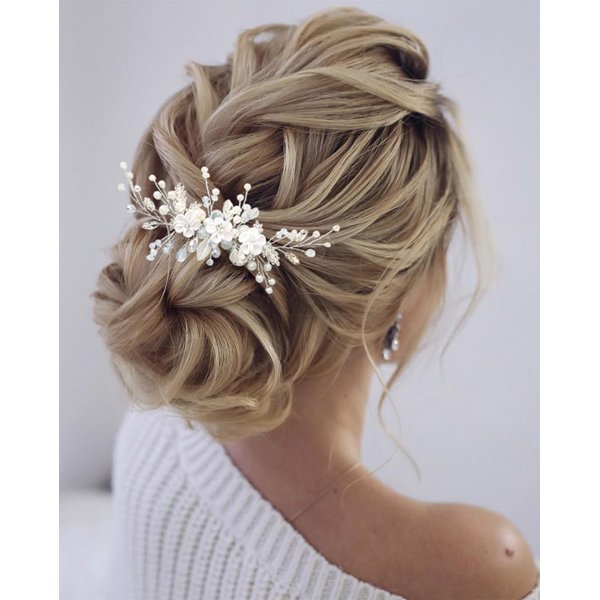 Eyret Flower Bride Wedding Hair Comb Silver Crystal Bridal Side Combs Pearl Hair Pieces Leaf Hair Accessories for Women and Girls