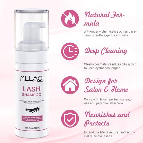 Eyelash Extension Cleanser Eyelid Foaming Cleanser Lash Foam Shampoo for Extensions, Oil, Paraben & Sulfate Free,100% Safe for Natural Lashes, Non-Irritating, Perfect for Professional Salon 1.69fl.oz