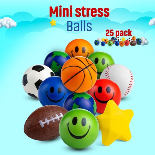 Bulk Mini Stress Balls for Kids (25 Pack) 2-3 Inch Soft Squeezable Squishy Fidget Toys Balls, Variety of Shapes & Colors, for Kids Party Favors & Goody Bag Stuffers, Birthday Gifts for Boys & Girls