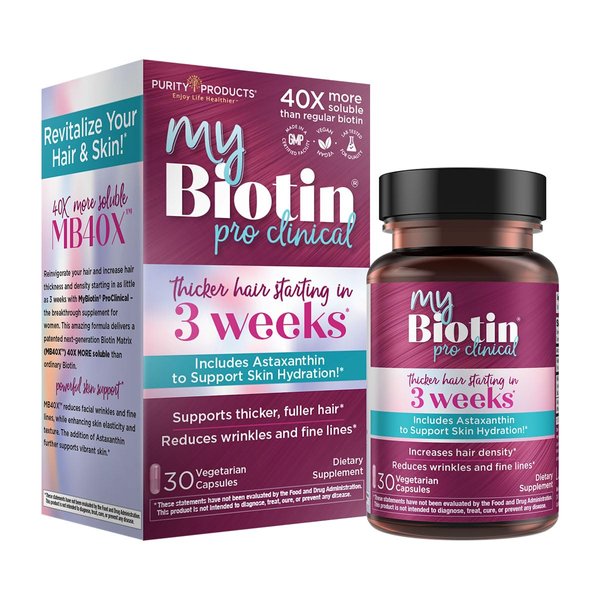 Purity Products MyBiotin ProClinical – Thicker Hair Starting in 3 Weeks & Fights Wrinkles - MB40X Patented Biotin Matrix w/Astaxanthin - 40X More Soluble vs Ordinary Biotin 30 Veg Cap