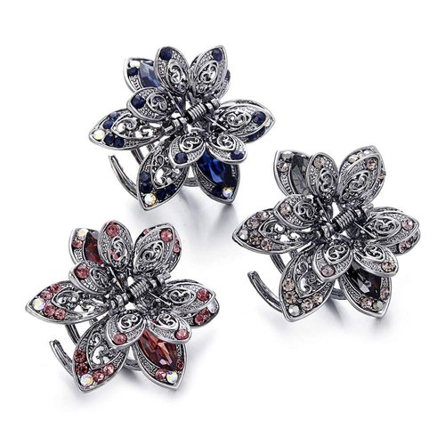 Glavatrix 3 Pack Mini Rhinestone Hair Clips 1.5" Sparkling Metal Rhinestone Jaw Clips Non-Slip Vintage Crystal Barrettes Versatile Hair Accessories for Women and Girls (Multicolor)