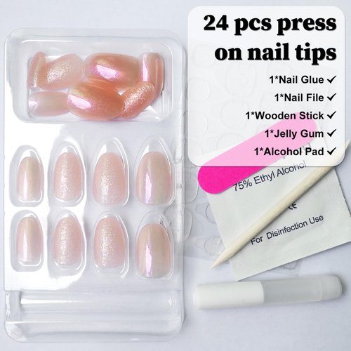 Bellelfin 24Pcs Short Oval Press on Nails Almond Fake Nails with Aurora Glitter Designs, Full Cover False Nail Nude Acrylic Nails Press Ons Reusable Glue on Press Nails for Women Fingernails Decor