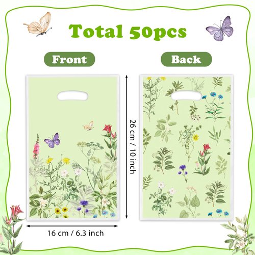 ArowlWesh Herb Flower Party Favor Bags - 50Pcs Plastic Herb Wildflowers Candy Treat Gift Bag with Handles Rustic Farmhouse Floral Snack Goodie Bags Wedding Birthday Party Supplies Baby Shower Decor