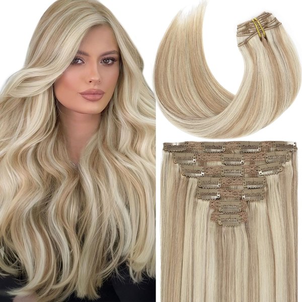 Loxxy Blonde Clip in Extensions Real Human Hair Natural Invisible Clip Hair Extensions Ash Blonde Mix Bleach Blonde 16Inch 120g 7pcs P18/613 Doubl Weft Human Clip in Hair Extensions