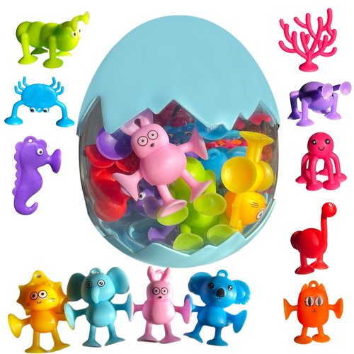 Generic Suction Bath Toys for Kids, 12 PCS, Mold Free Bath Toy No Hole, Animal Sensory Toys Travel Silicone Window Suction, Shower Toys, Building, Creativity, Stimulating Toy, Boys Girls Unisex, Blue