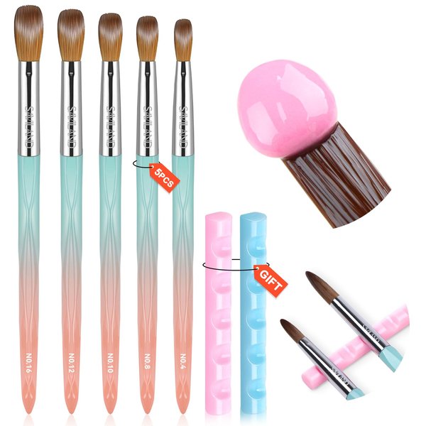 Saviland 5PCS Acrylic Nail Brush Kit: Size 4/8/10/12/16 Acrylic Nail Brushes for Acrylic Application & 2PCS Nail Art Brush Holders, Professional Acrylic Brushes for Nails Extension & 3D Nail Carving