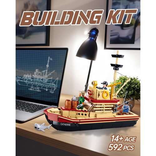 City Jaws Fishing Boat Building Sets with Shark, Fishing Ship Building Kit with 3 Fisherman Minifigures, Christmas Birthday Gifts Toys for Adults Kids, Compatible with Lego Boat, 592 PCS