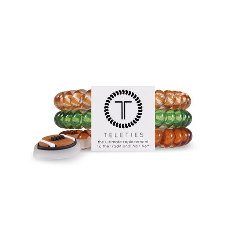 TELETIES - Small Spiral Hair Coils - Sports Collection - Ponytail Holder Hair Ties for Women - Phone Cord Hair Ties - Strong Grip, No Rip, Water Resistant, No Crease - 3 pack - Football
