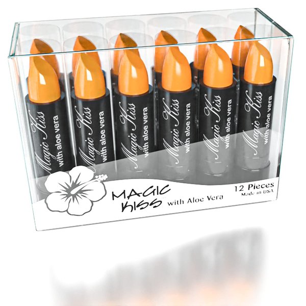 Magic Kiss Pack of 12 Color Changing Aloe Vera Lipstick set, MADE IN USA (Orange)