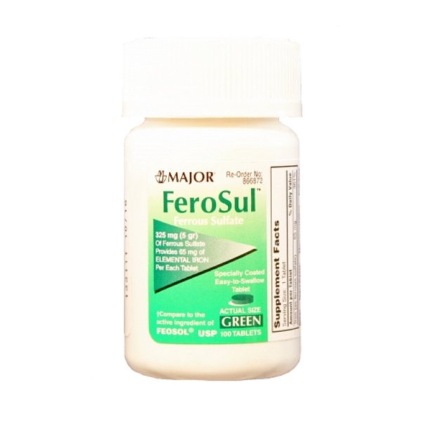 Major Ferosul - Ferrous Sulfate 325mg Tablets with 65mg of Elemental Iron - Iron Supplement for Women, Men - Green - 100 Tablets - Pack of 1