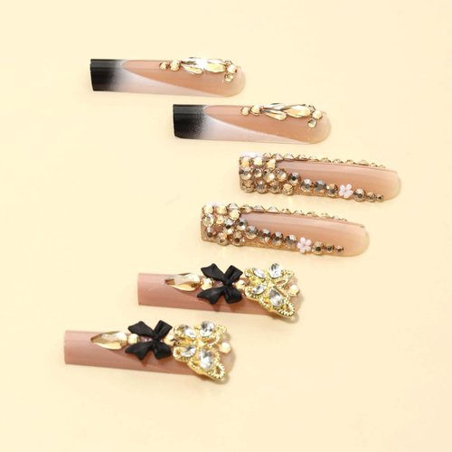 QQPPOLIU Long Press on Nails Square,Black French Tip False Nails with Glitter Design Hot Girls Nails 24Pcs(Gold & Black)