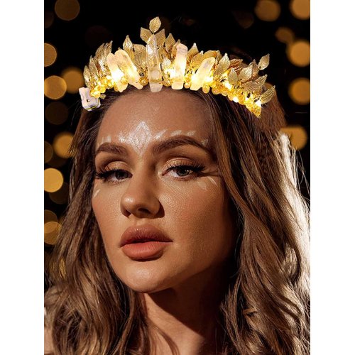 Yean Gold Leaf Wedding Headband LED Raw Quartz Hair Band Fairy Headpiece Ligth Up Hair Accessorie...