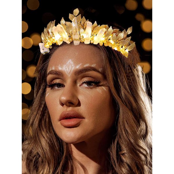 Yean Gold Leaf Wedding Headband LED Raw Quartz Hair Band Fairy Headpiece Ligth Up Hair Accessories for Women and Girls