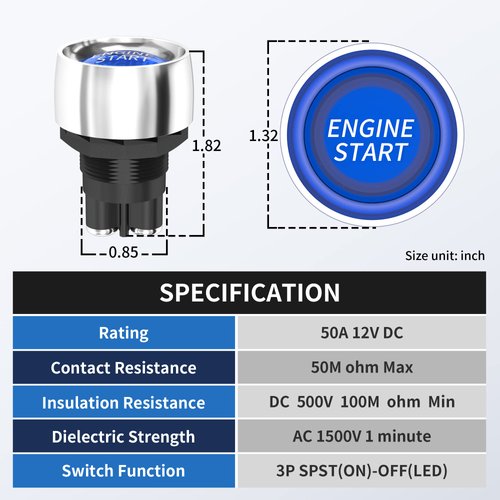 RVBOATPAT Push Button Starter Switch 12V 50A Momentary Engine Start Ignition Switch 12 Volt 50 Amp Blue Led Push to Start Button for Marine Vehicle Racing Car Truck RV