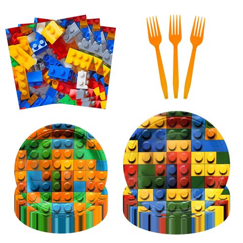 108Pcs Building Block Birthday Party Supplies Colorful Building Block Themed Plates Napkins and Forks Tableware Set Building Bricks Disposable Dinnerware Birthday Baby Kids Party Decorations 27 Guests