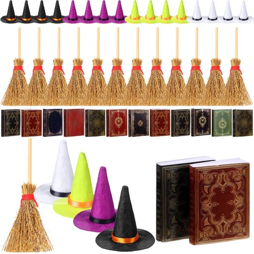 Yuntau 36 Pieces Mini Halloween Decorations 12 Mini Felt Witch Hats 12 Small Brooms 12 Miniature Dollhouse Books Tiny Witch Accessories Set for DIY Crafts Halloween Party Decor Supplies (Colorful)