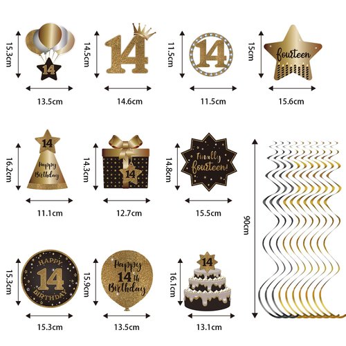 Happy 14th Birthday Party Hanging Swirls Streams Ceiling Decorations, Celebration 14 Foil Hanging Swirls with Cutouts for 14 Years Old Black and Gold Birthday Party Decorations Supplies