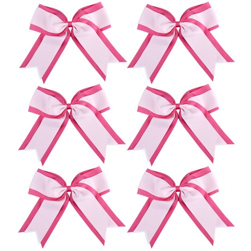 8 Inch 2 Colors Cheerleader Bows 2 Layers 6 Pcs Ponytail Holder Cheerleading Bows Hair Elastic Hair Tie (Hot pink/White)