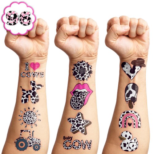 110 PCS Cow Print Birthday Party Decorations Favors Supplies Farm Animal Pink Happy Cow Temporary Tattoos Decor Stickers For Little Cow Girls Boys Gift School Prizes Rewards