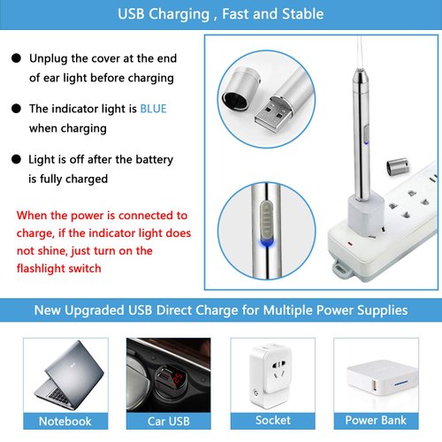 Earwax Removal Kit 5 Pcs, Ear Wax Cleaning Tool Set, Ear Pick with LED Light USB Charging, Stainless Steel Ear Curette, Earwax Tweezer, Ear Canal Dilator, Ear Wax Remover Tool with Storage Box