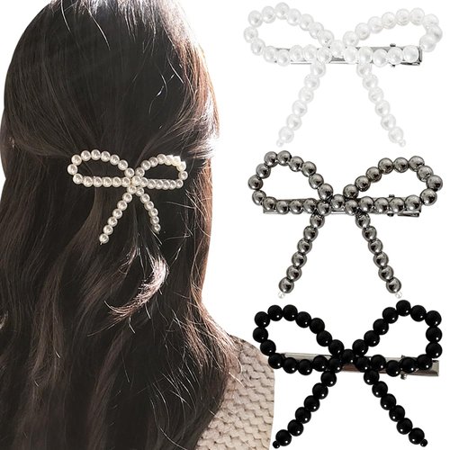 3pcs Pearl Bow Hair Clip,Pretty Hair Clips Bow Hair Barrettes Pearl Hair Pins,Non-Slip Metal Alligator Hair Clips,Cute Hair Pins Pearl Hair Clips Decorative Hair Accessories for Women Girl