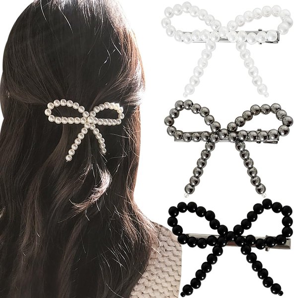 3pcs Pearl Bow Hair Clip,Pretty Hair Clips Bow Hair Barrettes Pearl Hair Pins,Non-Slip Metal Alligator Hair Clips,Cute Hair Pins Pearl Hair Clips Decorative Hair Accessories for Women Girl