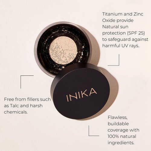 INIKA Organic Mineral Powder Foundation with SPF 25 - Vegan Makeup, Natural Looking, Buildable Coverage, Flawless Radiance & Glow, Blemish Coverage, Cruelty Free, Sustainable Packaging, Freedom, 8g