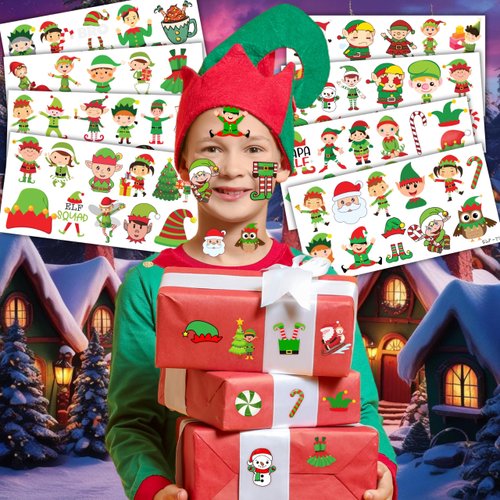 Christmas Temporary Tattoos Themed Merry Christmas Birthday Party Decorations Supplies 96PCS Party Favors Gift Ideal for Boy Girls Cute Noel Xmas Santa Claus Prizes Themed (Elf)