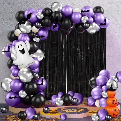 MEHOFOND Halloween Party Decorations for Girls 200 Pcs, Purple Balloon Garland Arch Kit with Glitter Black Foil Curtain Little Boo Foil Curtain Halloween Birthday Baby Shower Party Supplies