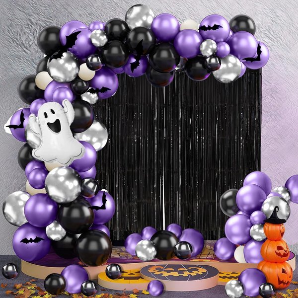 MEHOFOND Halloween Party Decorations for Girls 200 Pcs, Purple Balloon Garland Arch Kit with Glitter Black Foil Curtain Little Boo Foil Curtain Halloween Birthday Baby Shower Party Supplies