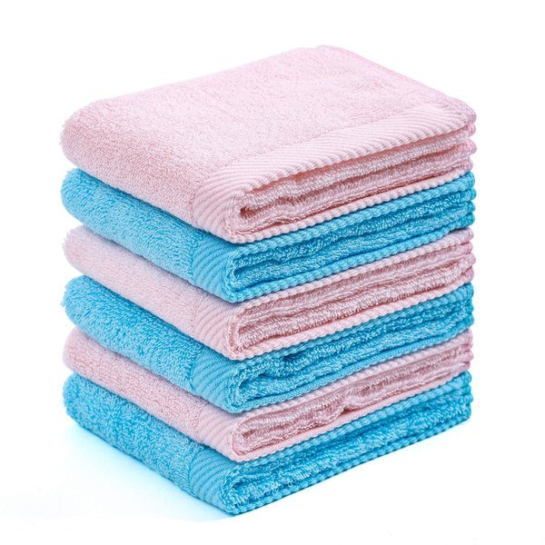 Mother-Earth Face Towel for Washing Face - 12x12 Inches Premium Softness, Extra Absorbent Towels, Washcloths for Sensitive Skin, Cotton Hand Towels for Bathroom, Set 6 Pieces (Blue-Pink)