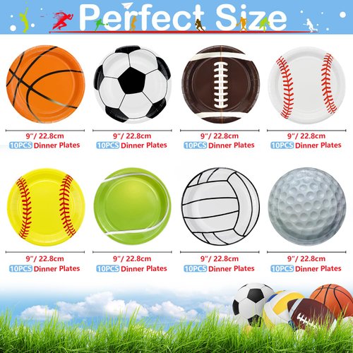 PTECDROTS 80Pcs Sports Paper Plates (9'') - Football, Basketball, Baseball, Soccer, Golf, Softball, Volleyball, Tennis - Disposable Dinner Plates for Kids Men Birthday Party Supplies