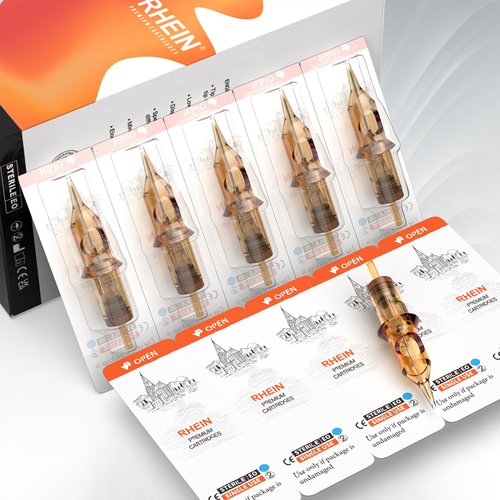 RHEIN Tattoo Cartridges Needles 50pcs, Tattoo Needle Kit Mixed #10 Bugpin 0.3mm Round Liner & #12 Standard 0.35mm 1RL 3RL 5RL 7RL 9RL, 3.5mm M-Taper Each Size 5pcs Tattoo Supplies EN02-50KIT-C