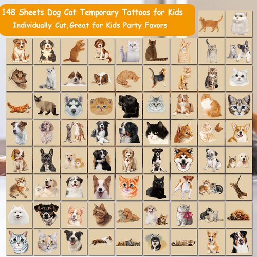 CHARLENT 148 PCS Dog Cat Temporary Tattoos for Kids - 3D Individual Puppy kitten Tattoos for Boys Girls Animals Birthday Party Favors Goodie Bag Fillers
