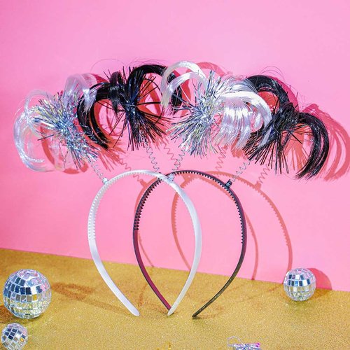 Foyte 2 Pieces Pom Pom Headband Tinsel Wrapped Ponytails Hair Hoop Head Bopper Pom Party Headpiece for Cosplay Costumes (black white)