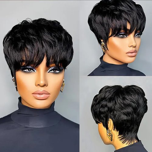 Evasens Pixie Cut Wigs Human Hair Short Wigs for Black Women Human Hair Pixie wig with Bangs Short Black Wig Layered Wigs Daily Wear 1B Color None Lace Front Wigs